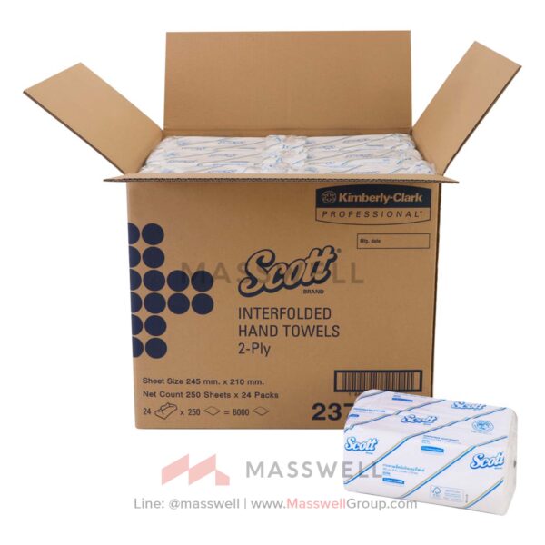 Scott กระดาษเช็ดมือ Interfold 23754 สีขาว 2 ชั้น, 24 แพ็ค / กล่อง, 250 แผ่น / แพ็ค (รวม 6,000 แผ่น)