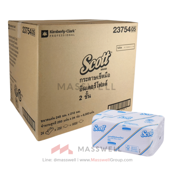 Scott กระดาษเช็ดมือ Interfold 23754 สีขาว 2 ชั้น, 24 แพ็ค / กล่อง, 250 แผ่น / แพ็ค (รวม 6,000 แผ่น)