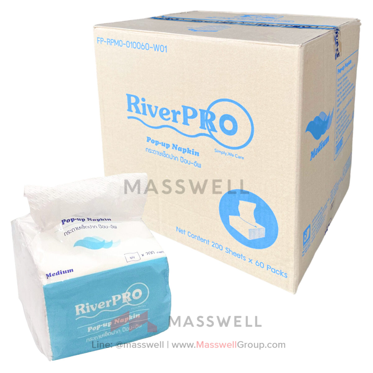 กระดาษเช็ดปากป๊อป-อัพ RiverPro Pop-Up Medium 200แผ่น (60ห่อ)