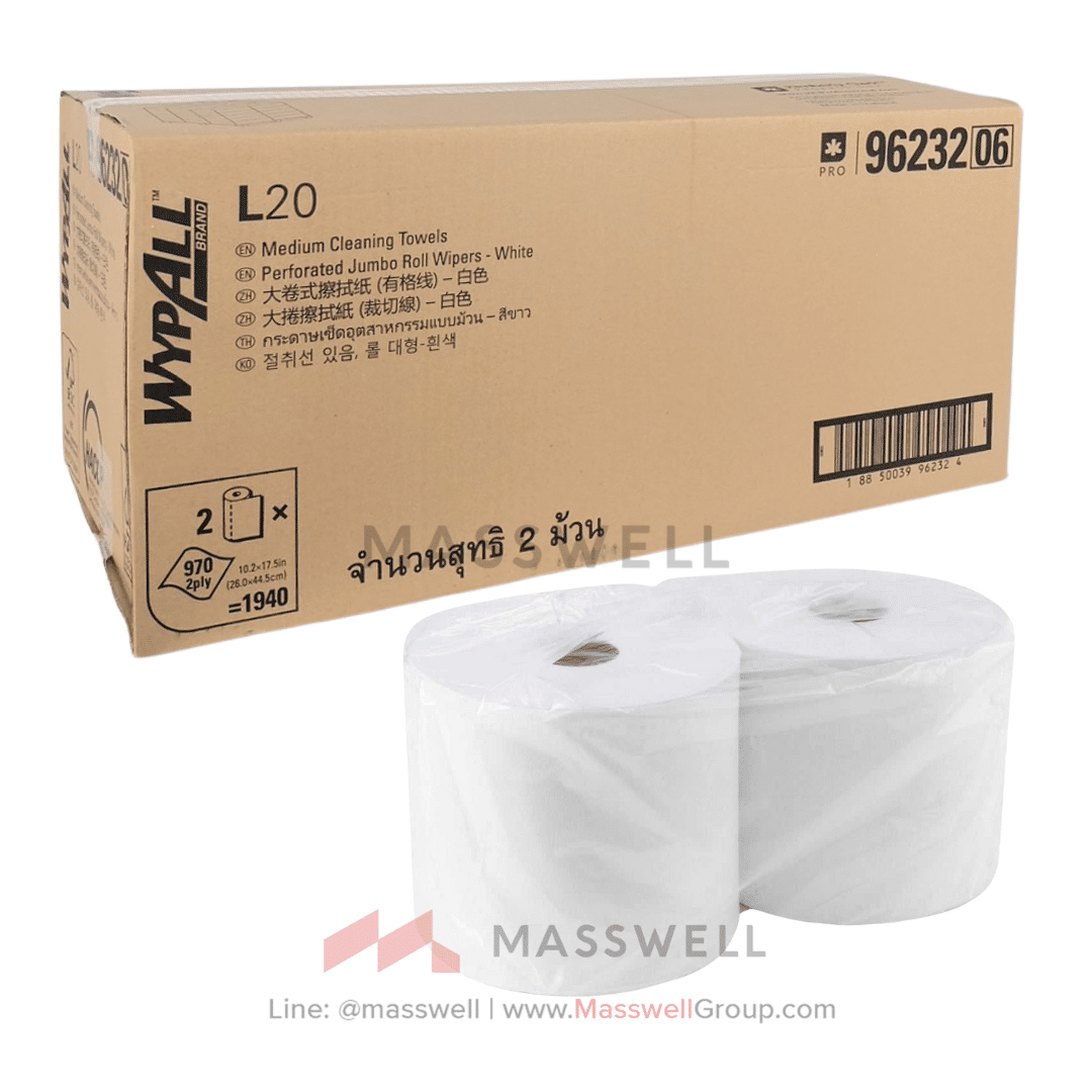 กระดาษเช็ดทำความสะอาด WYPALL* L20 Perforated Jumbo Roll Wipers กระดาษเช็ดสำหรับงานอุตสาหกรรมแบบม้วน กระดาษเช็ดคราบน้ำมันสีขาวม้วนใหญ่
