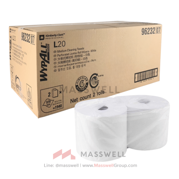 กระดาษเช็ดทำความสะอาด WYPALL* L20 Perforated Jumbo Roll Wipers กระดาษเช็ดสำหรับงานอุตสาหกรรมแบบม้วน กระดาษเช็ดคราบน้ำมันสีขาวม้วนใหญ่