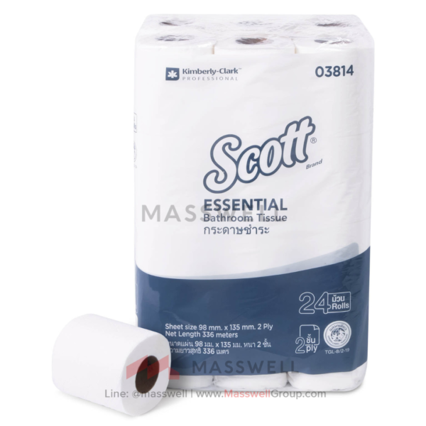 SCOTT Essential Standard Roll Tissue (SRT) 24’R Wrapped, 2-Ply : 14 m. (96 Rolls)